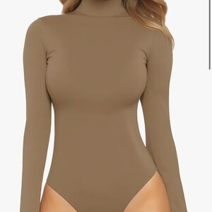MANGOPOP Women's Tan Long Sleeve Turtle Neck Bodysuit
